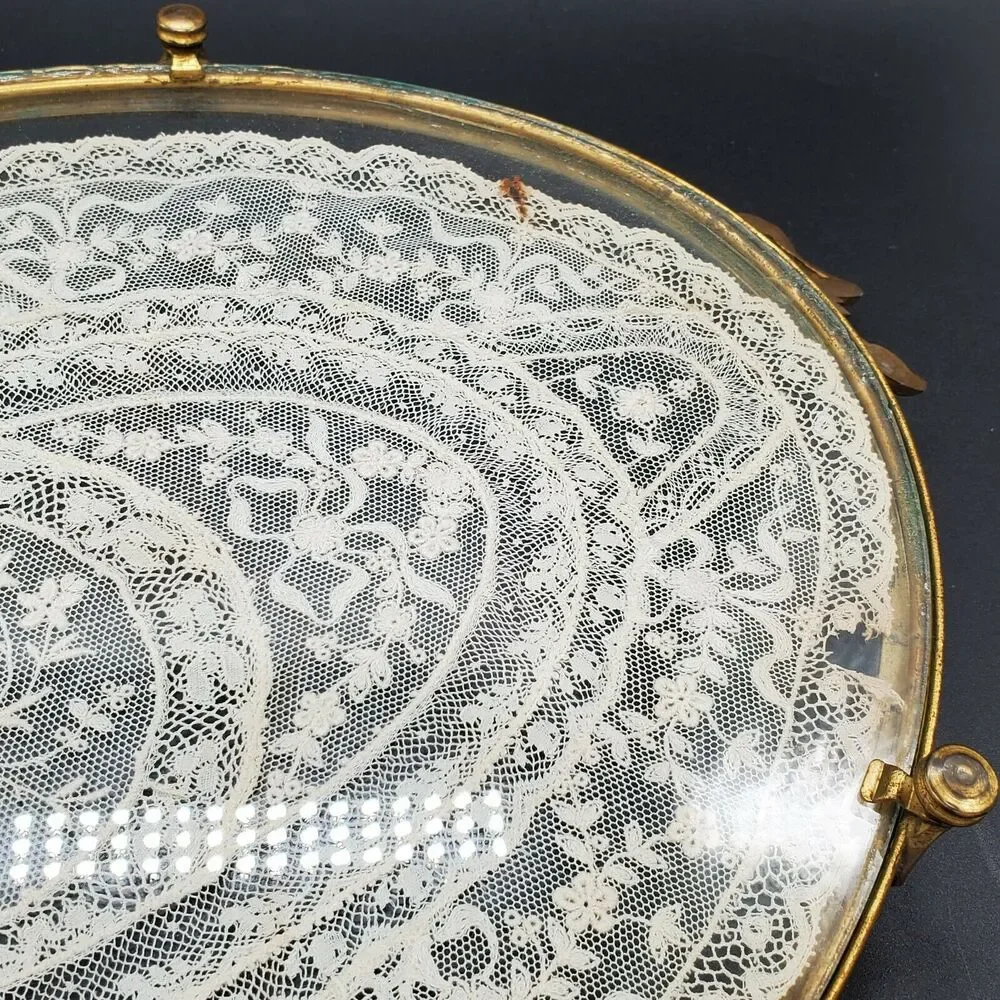 Etchardt VTG Antique 1920's Vanity Tray Silver Handles Lace Glass Brass Copper